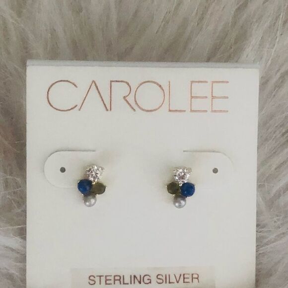 CAROLEE Stone & Freshwater Pearl Stud Earrings, Blue/Yellow/Gold, Pearl, NWT - Picture 5 of 9